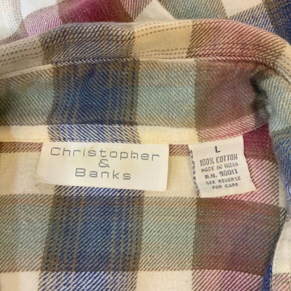 Christopher & Banks Women's large Flannel Plain blue/white pinkish long sleeve b - Picture 5 of 6